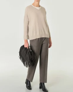 Maglia boxy beige in puro cashmere con scollo a V