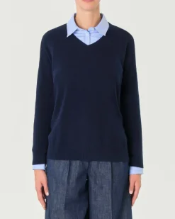 Maglia boxy blu in puro cashmere con scollo a V