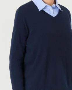 Maglia boxy blu in puro cashmere con scollo a V