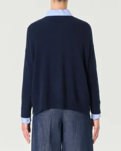 Maglia boxy blu in puro cashmere con scollo a V