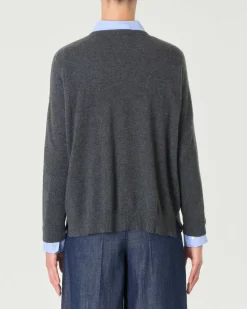 Maglia boxy grigio antracite in puro cashmere con scollo a V
