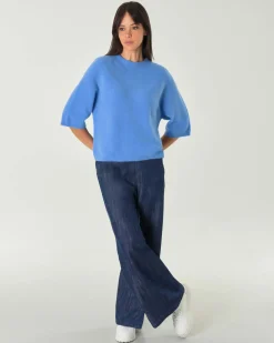 Maglia celeste in misto mohair con maniche corte al gomito