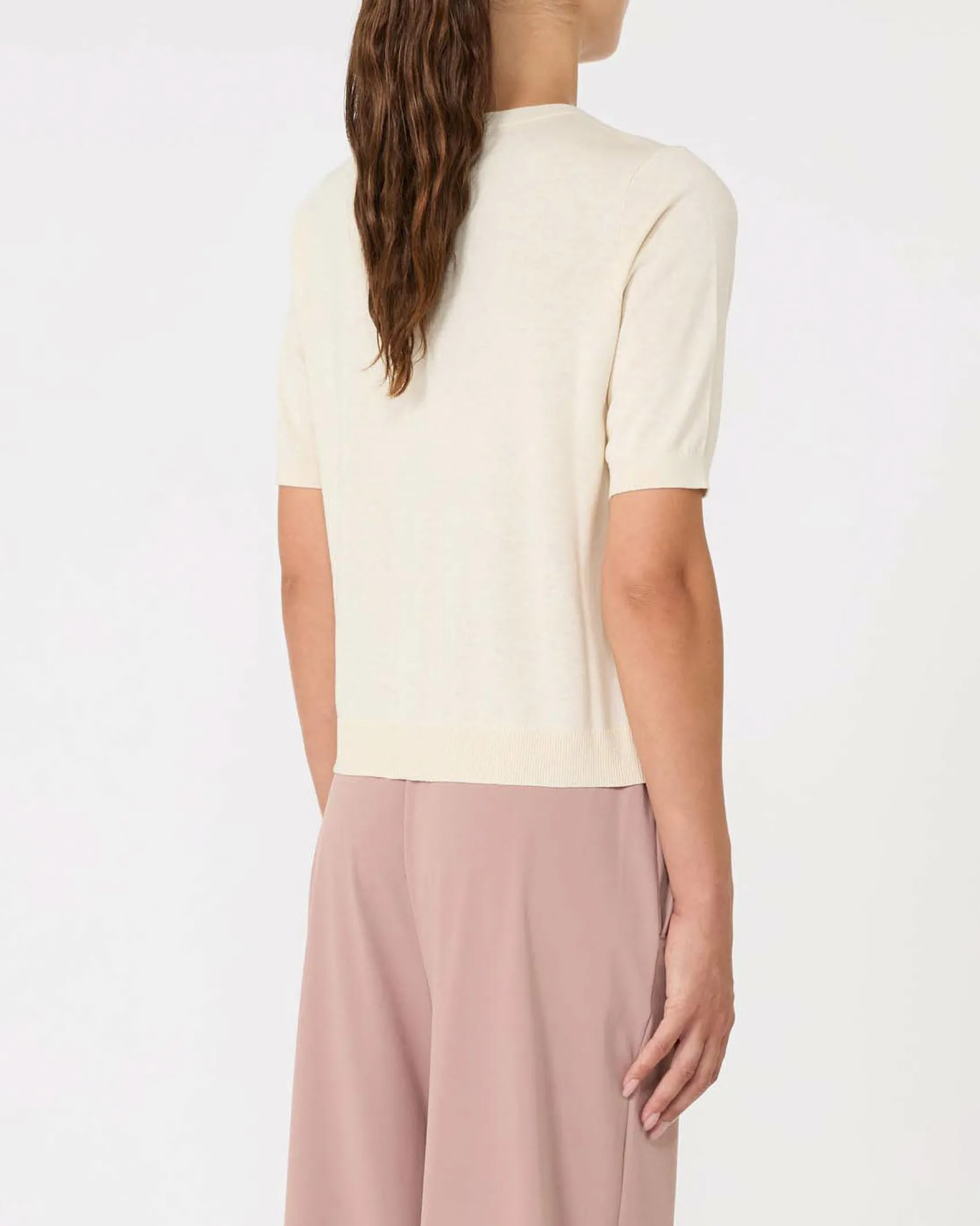 Maglia color avorio in seta e cotone a lavorazione rasata MM Max Mara con maniche corte