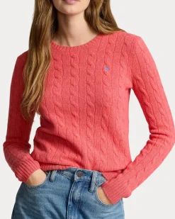 Maglia color corallo girocollo in lana e cashmere a trecce con logo ricamato a contrasto di colore