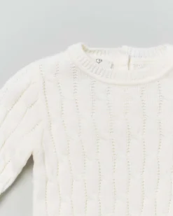 Maglia color panna girocollo in pura lana a trecce