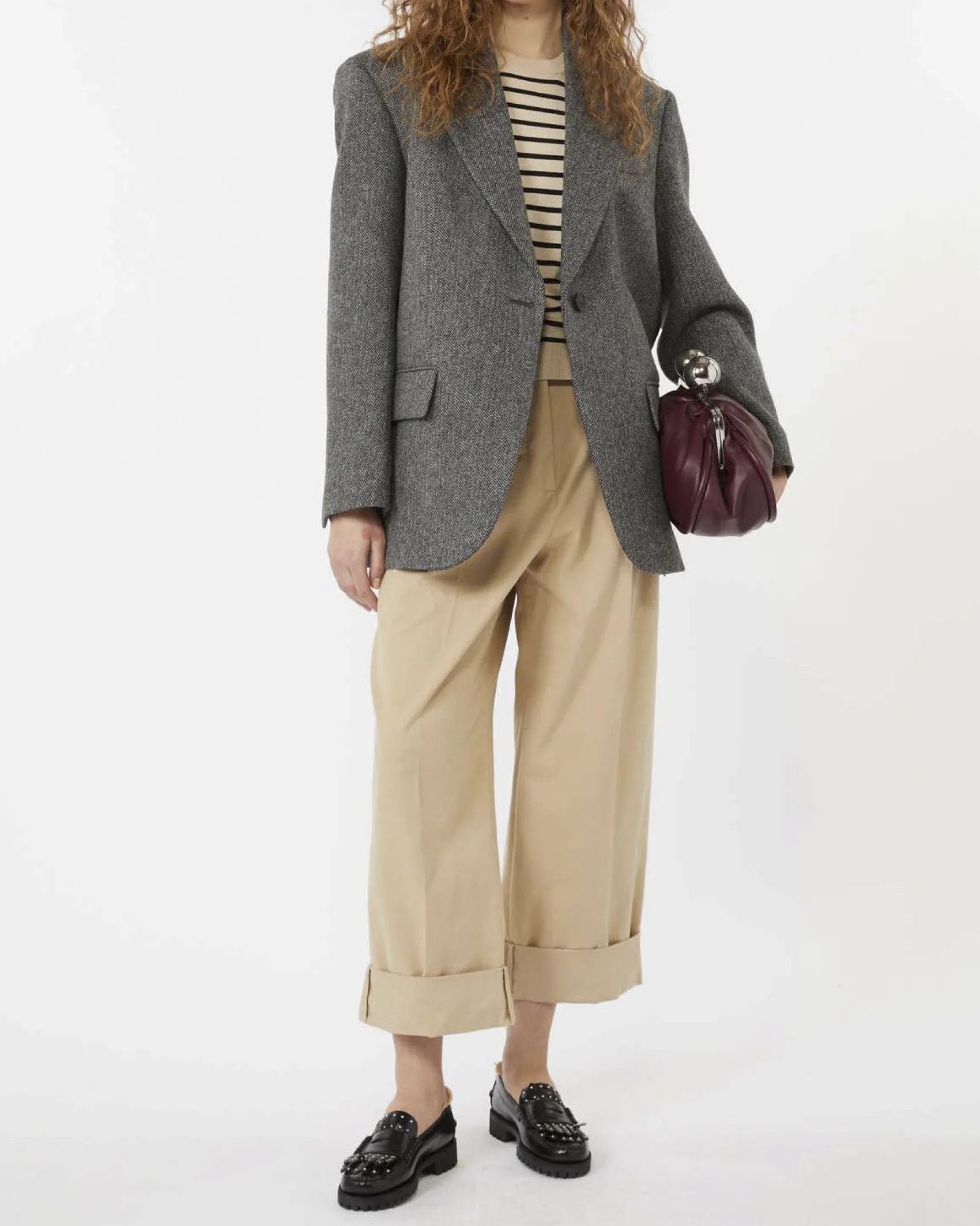 Maglia color sabbia a righe blu Weekend Max Mara in lana e sata con scollo a giro