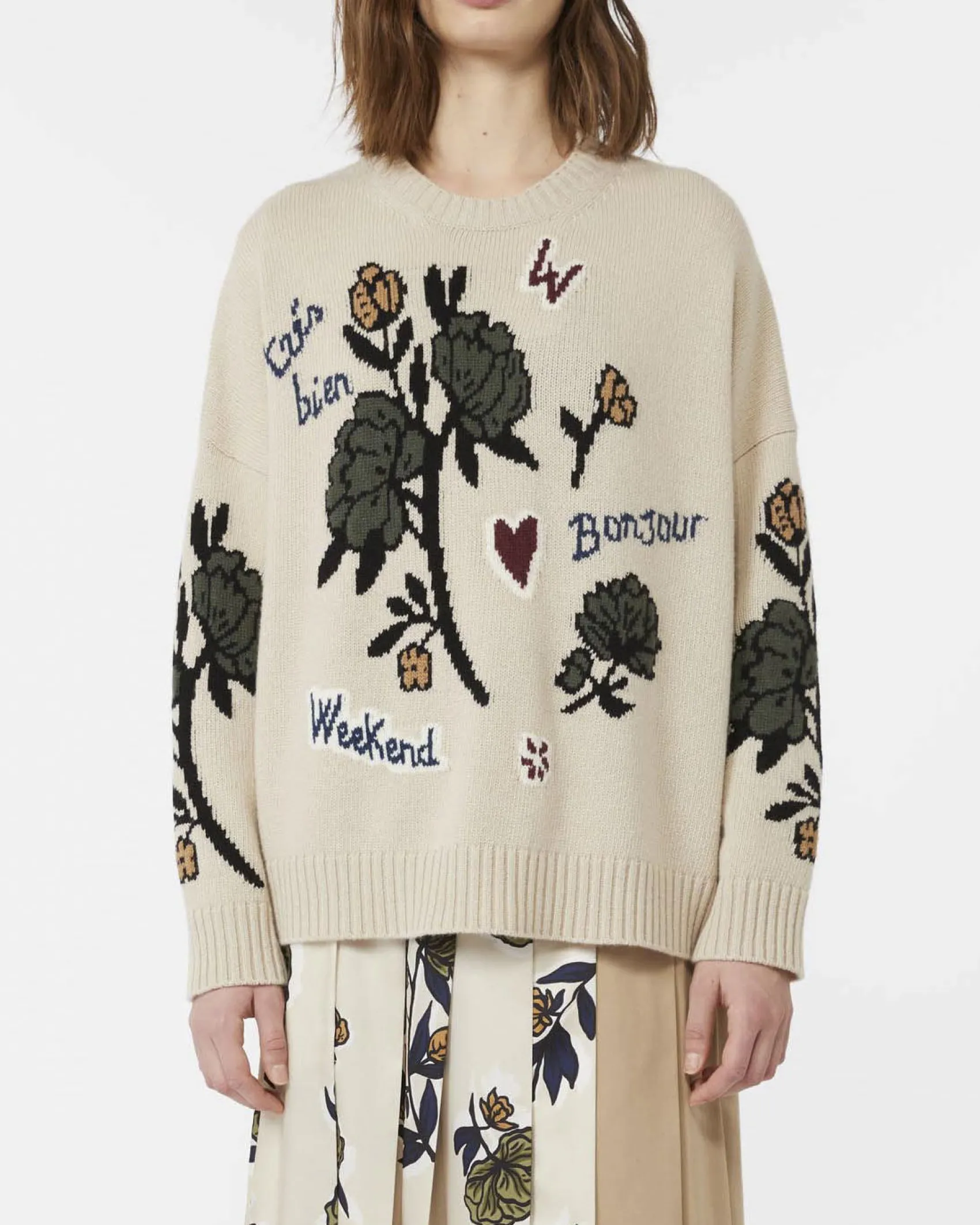 Maglia color sabbia in pura lana Weekend Max Mara a motivo jacquard botanico a contrasto di colore