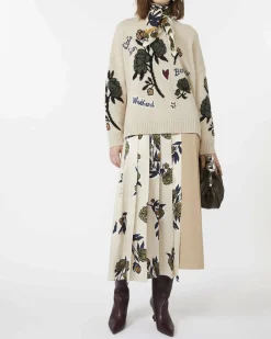 Maglia color sabbia in pura lana Weekend Max Mara a motivo jacquard botanico a contrasto di colore