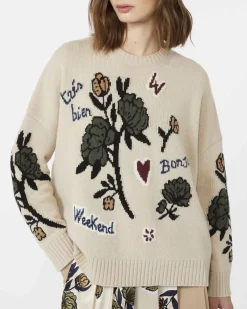 Maglia color sabbia in pura lana Weekend Max Mara a motivo jacquard botanico a contrasto di colore