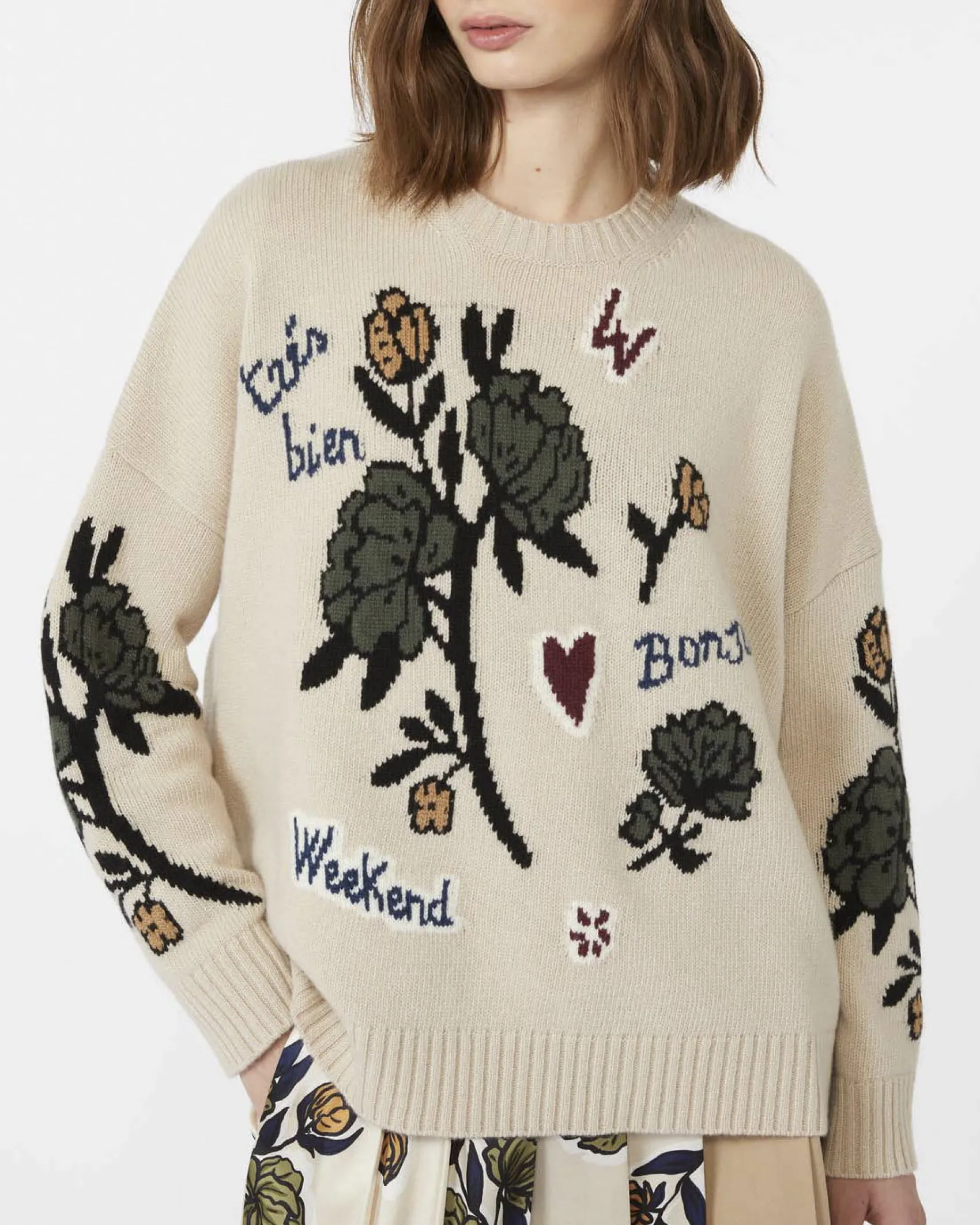 Maglia color sabbia in pura lana Weekend Max Mara a motivo jacquard botanico a contrasto di colore