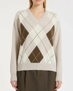 Maglia color sabbia Marella in lana e cashmere con scollo a V e motivo a losanghe marroni sul davanti