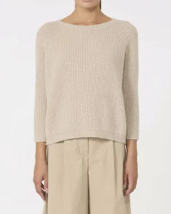 Maglia color sabbia Weekend Max Mara in misto mohari a coste con maniche raglan