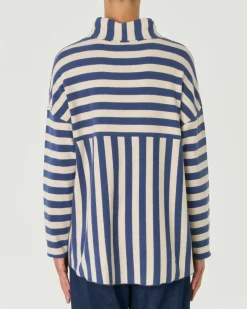 Maglia ecrù e avio con motivo a righe in cotone stretch con collo a ciambella