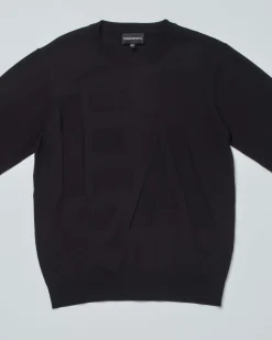 Maglia Emporio Armani nera girocollo in misto viscosa con maxi logo monogramma jacquard in tono