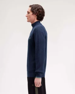 Maglia Fred Perry blu indaco in puro cotone punto waffle con apertura a mezza zip
