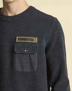 Maglia girocollo Aeronautica Militare blu in ciniglia con taschino al petto