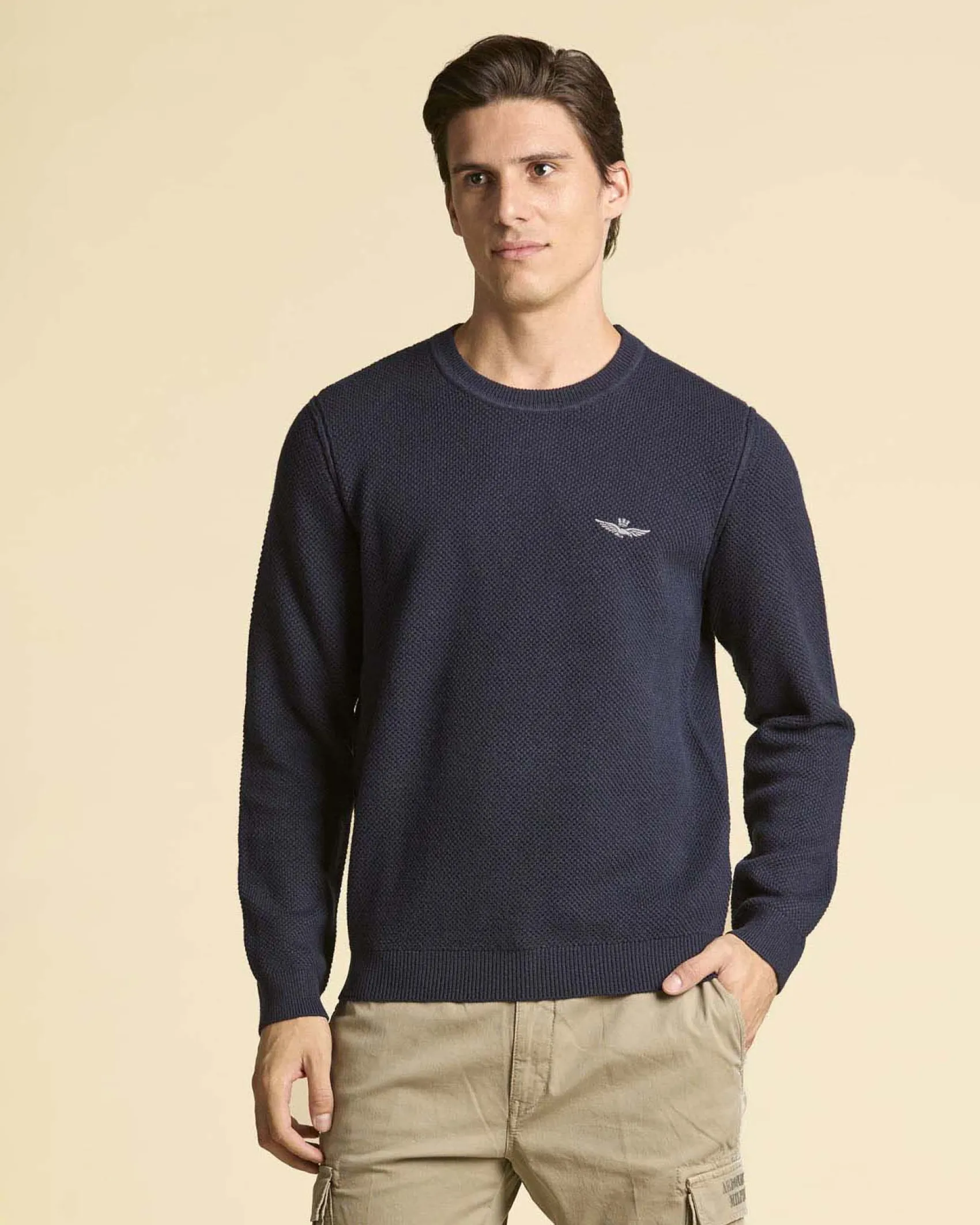 Maglia girocollo Aeronautica Militare blu in misto lana e cotone a nido d'ape