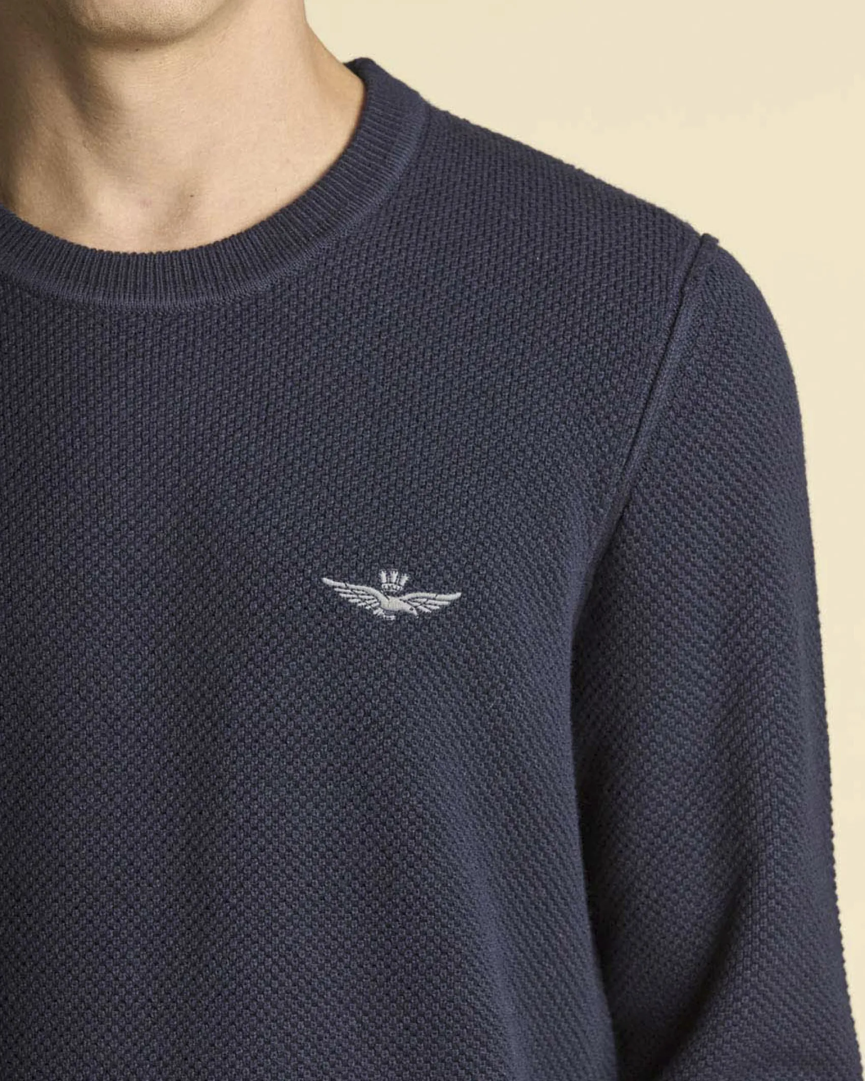 Maglia girocollo Aeronautica Militare blu in misto lana e cotone a nido d'ape