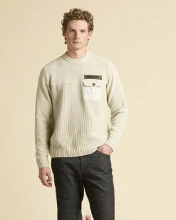 Maglia girocollo Aeronautica Militare color panna in ciniglia con taschino al petto