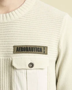 Maglia girocollo Aeronautica Militare color panna in ciniglia con taschino al petto