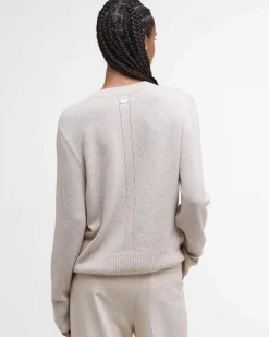 Maglia girocollo beige Barbour Eleanor in lana e cotone con bottoni a specchio dorati sulla spalla