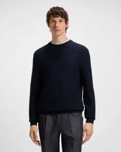 Maglia girocollo Boss blu in puro cotone punto canestro