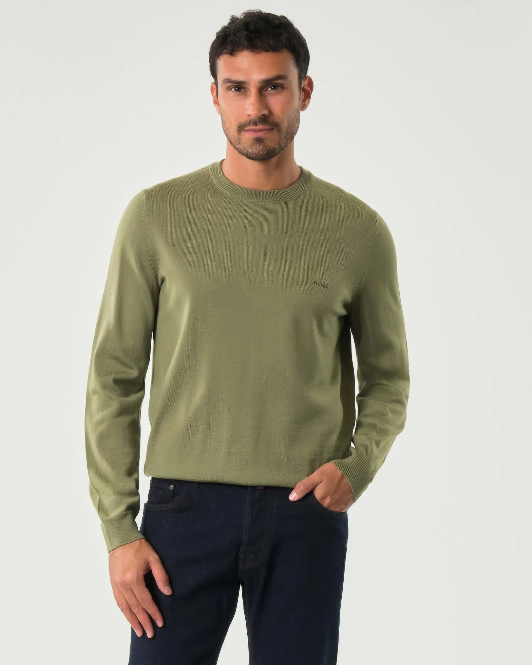 Maglia girocollo Boss verde salvia in pura lana vergine