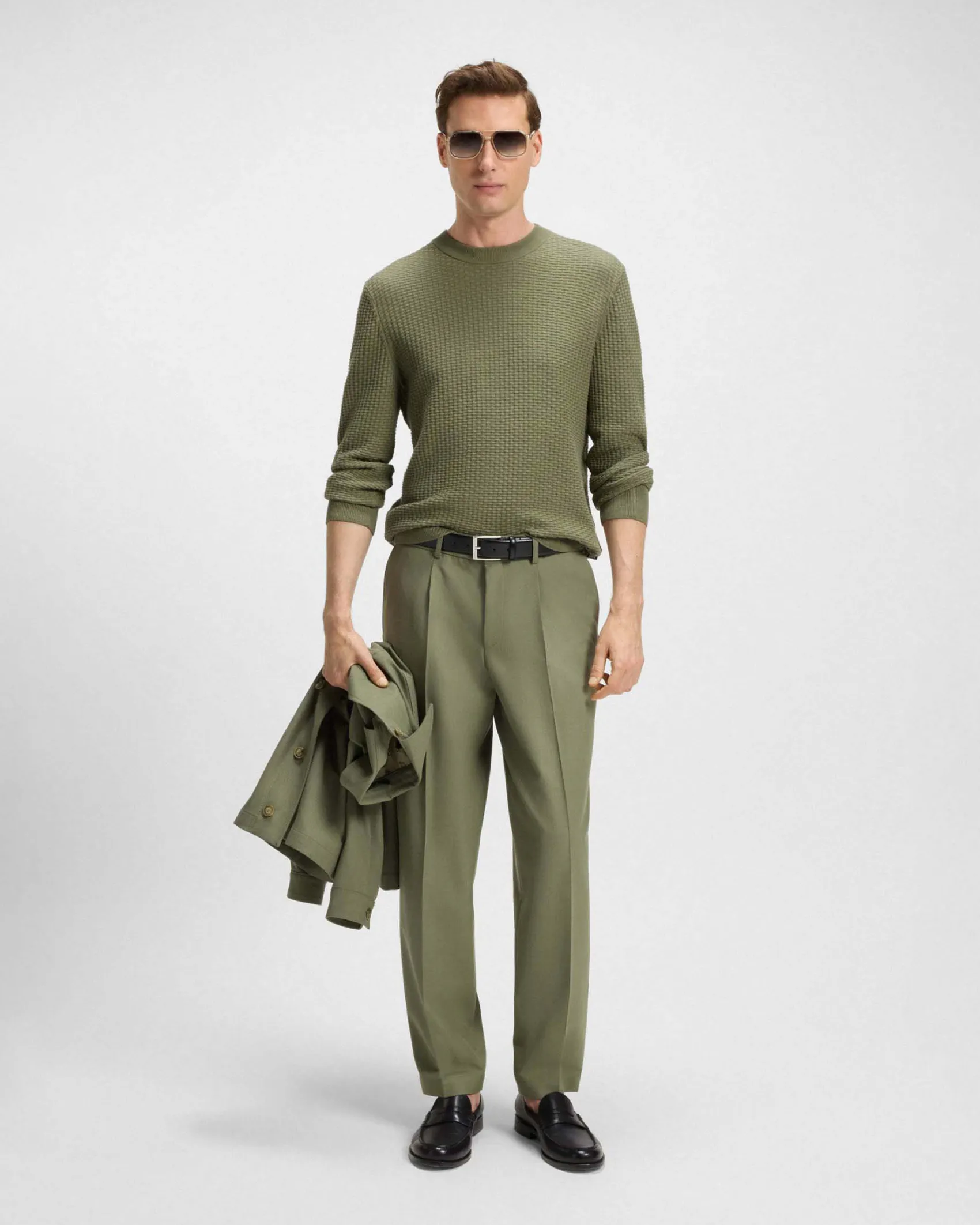 Maglia girocollo Boss verde militare in puro cotone punto canestro