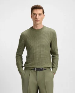 Maglia girocollo Boss verde militare in puro cotone punto canestro