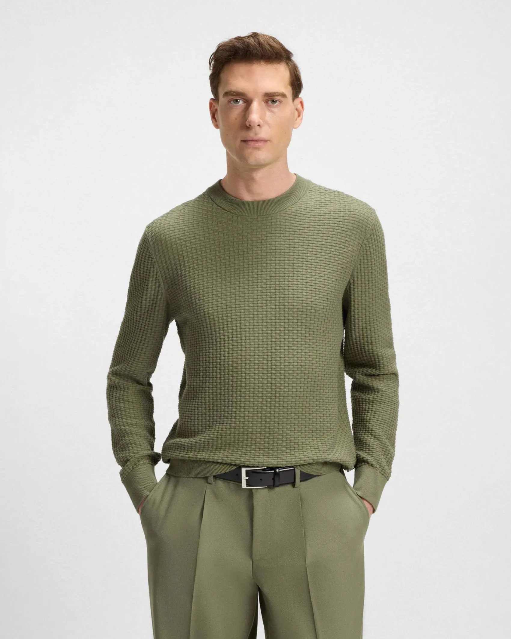Maglia girocollo Boss verde militare in puro cotone punto canestro