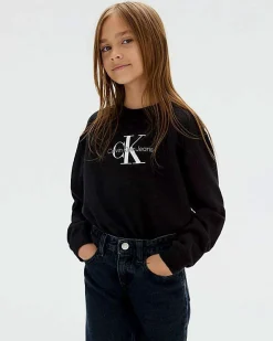 Maglia girocollo Calvin Klein nera in cotone con logo monogramma ricamato davanti