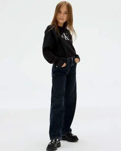 Maglia girocollo Calvin Klein nera in cotone con logo monogramma ricamato davanti