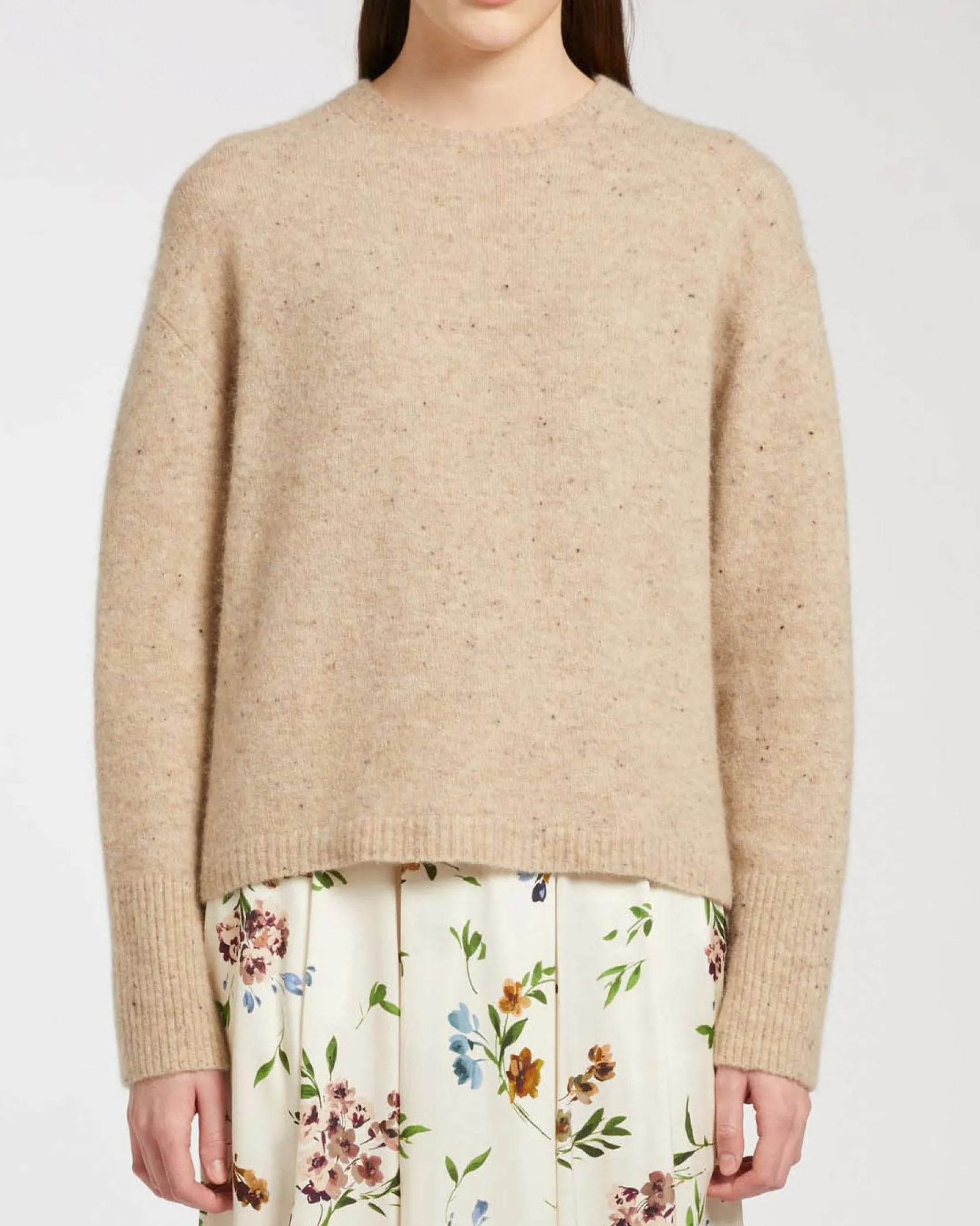 Maglia girocollo color noce Marella in filato bottonato di misto alpaca stretch con giromanica sceso