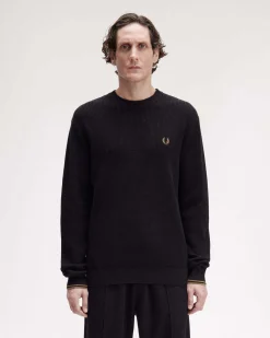 Maglia girocollo Fred Perry nera in puro cotone punto waffle