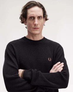 Maglia girocollo Fred Perry nera in puro cotone punto waffle
