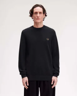 Maglia girocollo Fred Perry nera in puro cotone punto pepe