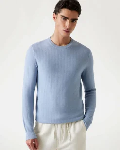 Maglia girocollo Guess azzurra in cotone e modal lavorata chevron