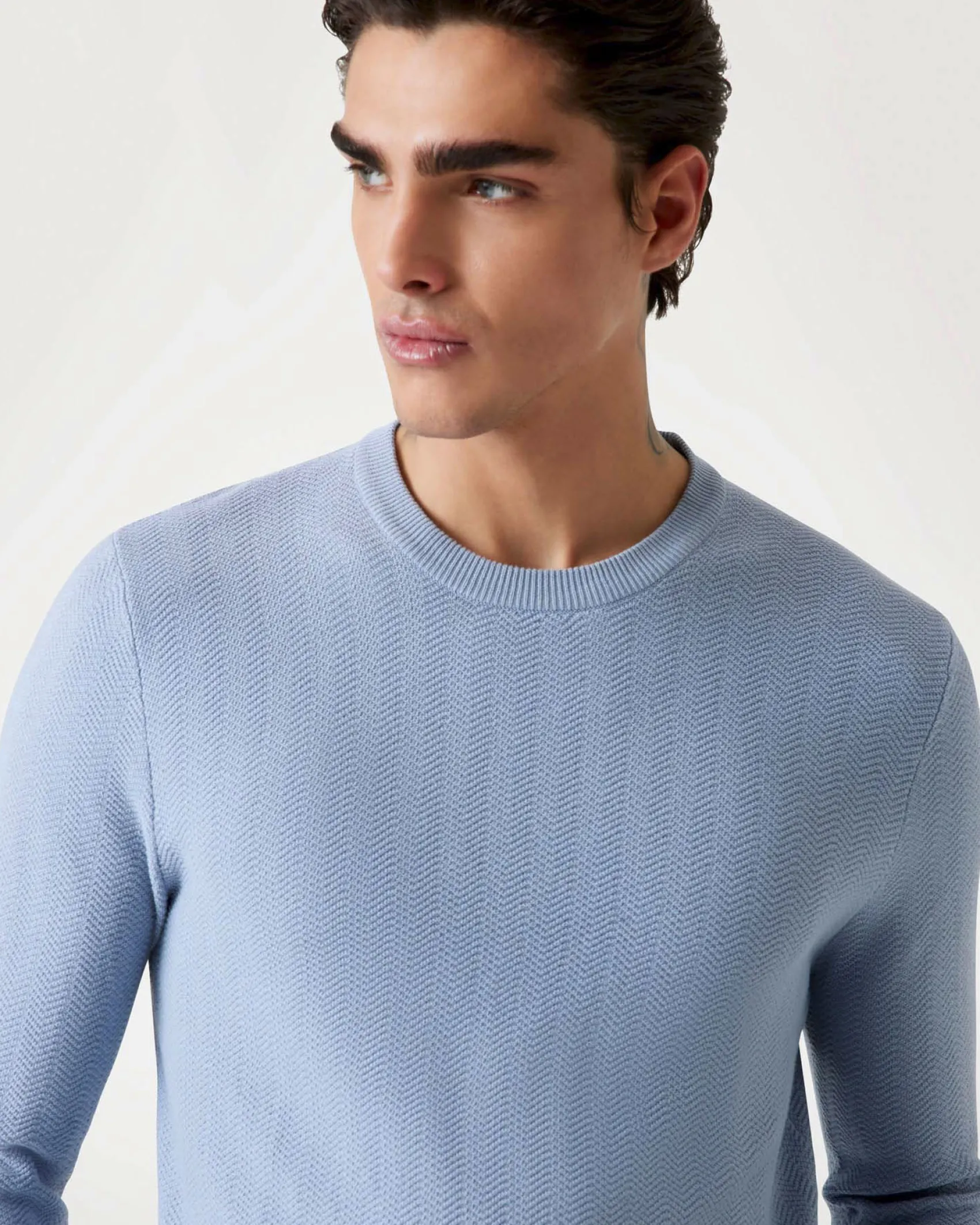 Maglia girocollo Guess azzurra in cotone e modal lavorata chevron