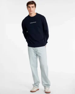 Maglia girocollo Guess Jeans blu in puro cotone con logo scritta ricamata davanti