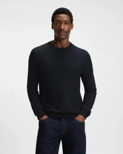 Maglia girocollo Habito Boss blu in misto lana e cotone con lavorazione spinata