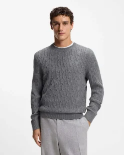 Maglia girocollo Hetico Boss grigia in misto lana e cashmere a trecce