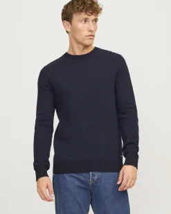 Maglia girocollo Jack & Jones blu in puro cotone punto mimosa regular-fit con etichetta logo sul fianco