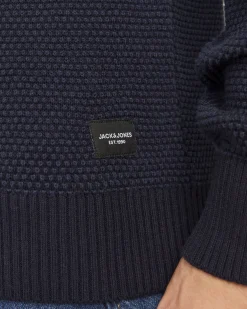 Maglia girocollo Jack & Jones blu in puro cotone punto mimosa regular-fit con etichetta logo sul fianco