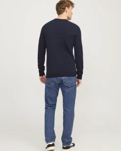 Maglia girocollo Jack & Jones blu in puro cotone punto mimosa regular-fit con etichetta logo sul fianco