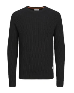 Maglia girocollo Jack & Jones nera in misto cotone a coste inglesi regular-fit con etichetta logo sul fianco