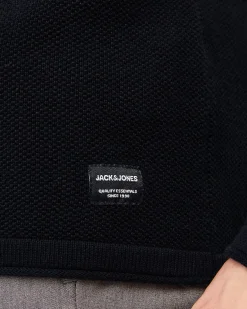 Maglia girocollo Jack & Jones nera in puro cotone lavorato a punto pepe con maniche raglan