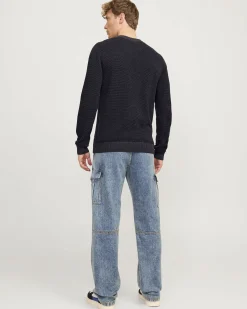 Maglia girocollo Jack & Jones grigio antracite in puro cotone punto mimosa regular-fit con etichetta logo sul fianco