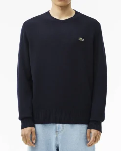 Maglia girocollo Lacoste blu in lambswool di pura lana
