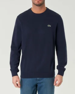 Maglia girocollo Lacoste blu regular-fit in cotone con logo ricamato sul petto