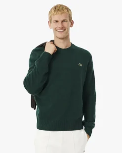 Maglia girocollo Lacoste verde in lambswool di pura lana